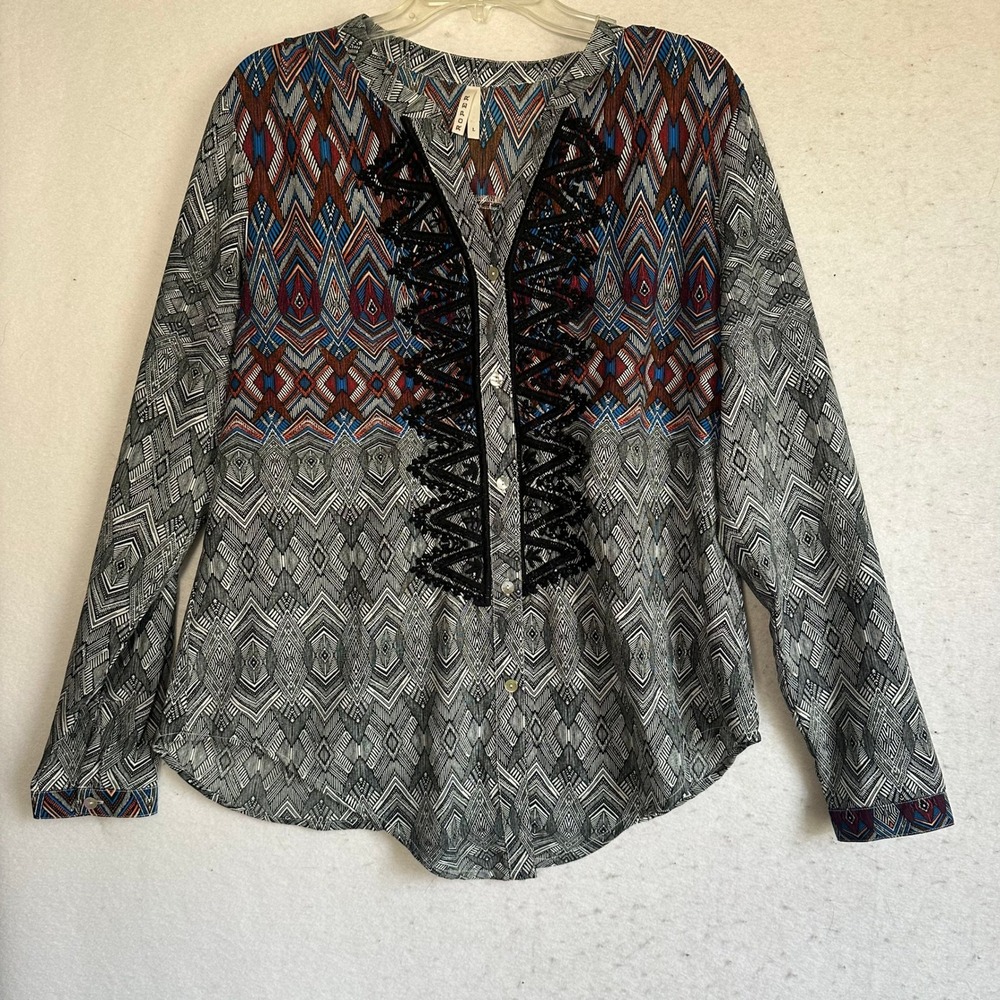 Roper Womens Geometric Southwestern Print Button Down Blouse‎ Black Blue Large